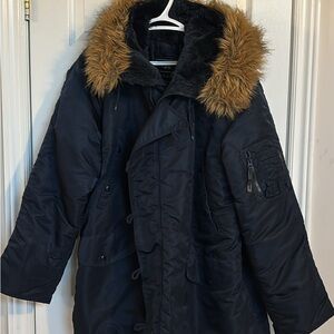 Alpha Industries Black Puffer Jacket with Fur Trim